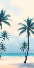 Serene tropical beach scene with swaying palm trees, perfect as a calming background for mobile wallpaper.   