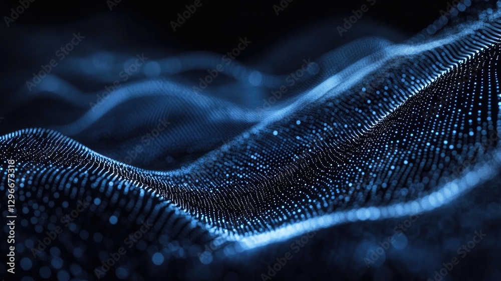 Aufkleber Abstract futuristic background featuring glowing blue digital waves composed of tiny dots, creating a high-tech and dynamic effect. Ideal for technology, AI, and data visualization themes