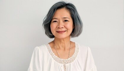 Portrait of an older woman with grey hair wearing a white blouse.