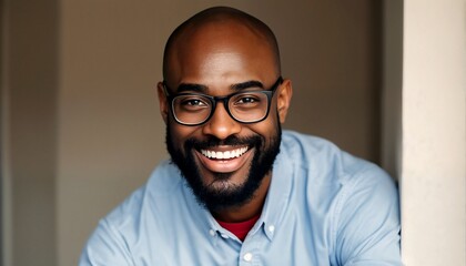 Obraz premium A portrait of a black man with glasses and a blue shirt.