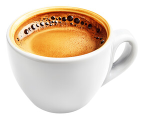 steaming cup of espresso with rich crema in white ceramic cup, showcasing its inviting aroma and smooth texture. Perfect for coffee lovers seeking delightful caffeine boost