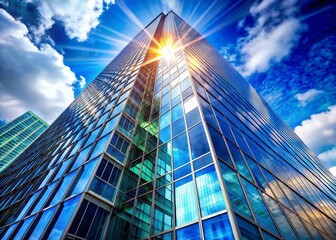 Modern Glass Skyscraper Architecture, Sunlight, Blue Sky - Macro View