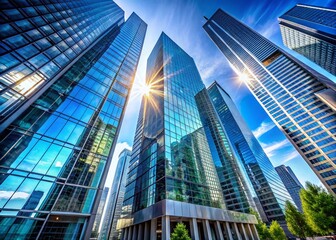 Obraz premium Modern Glass Skyscrapers in Financial District, High-Rise Buildings, Downtown Cityscape