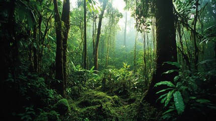 Obraz premium Lush green rainforest with dense vegetation and sunlit canopy