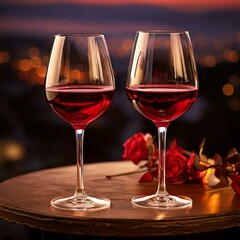 Zwei Gläser Rotwein auf einem mit Rosenblättern gesäumten Tisch als Konzept für einen romantischen Abend zu zwei.
