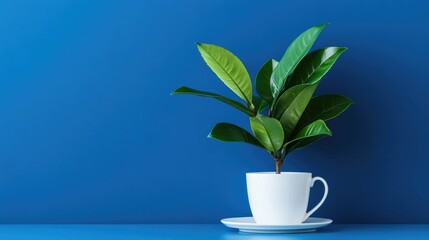 A decorative tea plant arrangement in a ceramic pot placed on a rich royal blue background