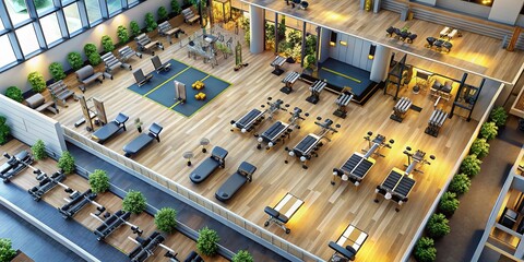 Modern Gym Interior Design: 3D Floor Plan Rendering - Fitness Center Layout