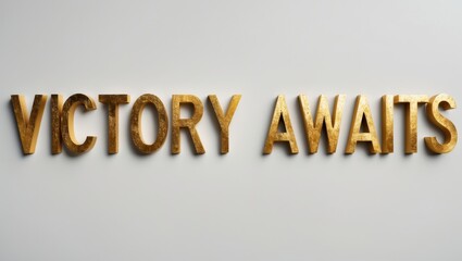 Golden letters spelling 'Victory Awaits' on a neutral background, conveying a sense of triumph and motivation