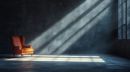 Solitary armchair illuminated by sunlight abandoned room still life minimalist low angle serenity