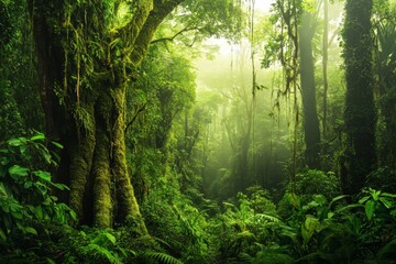 Obraz premium Lush greenery and dense foliage in a serene tropical rainforest