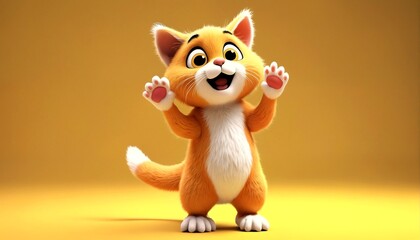 Fototapeta premium A cartoon orange and white kitten waves its paw at the camera.