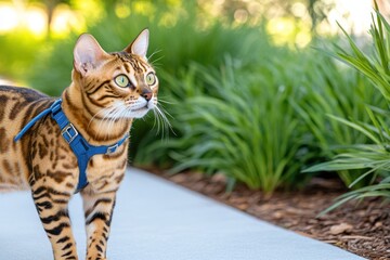 Bengal Cat On A Leash Exploring Outdoor Greens