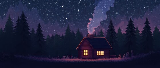 Naklejka premium Glowing Pixel Cabin Among Tall Pines Under Starry Sky with Rising Smoke
