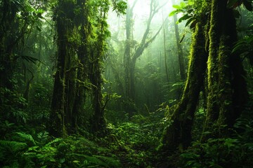 Fototapeta premium Lush greenery and towering trees in dense rainforest landscape