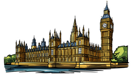 Vector comic hand-drawn illustration of Palace of Westminster. Palace of Westminster in London