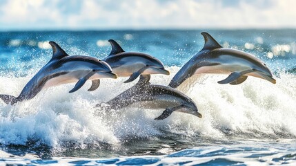 Fototapeta premium A dynamic moment of dolphins cutting through a foamy white surf