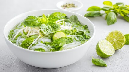 Obraz premium Delicious homemade green noodle soup recipe kitchen food photography bright lighting culinary exploration