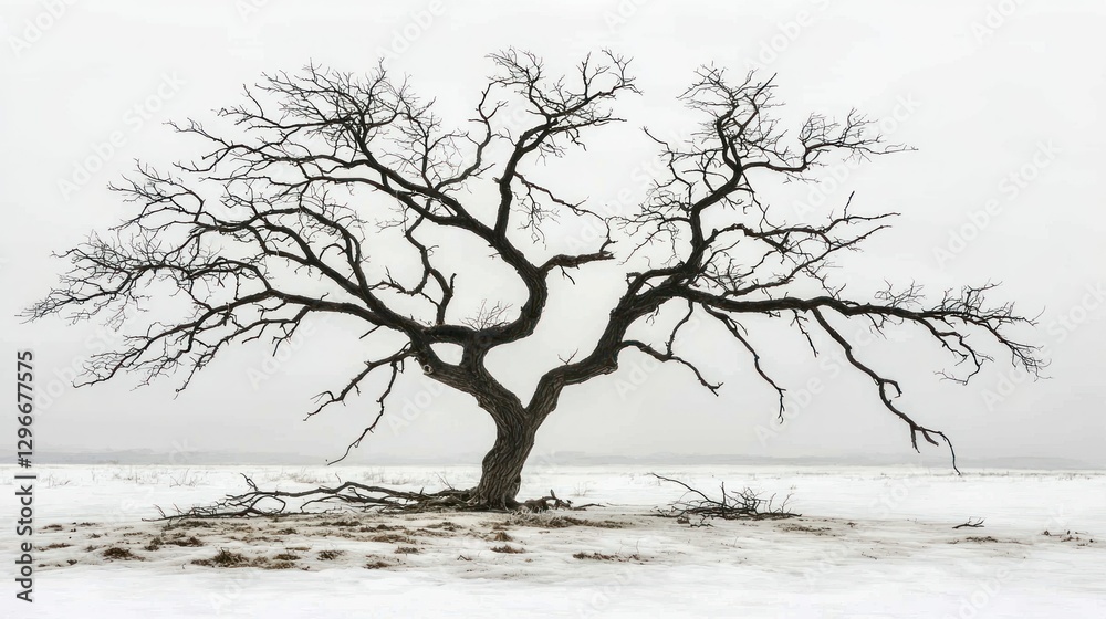 Poster a bare tree in the middle of a snowy field, with no leaves on its branches