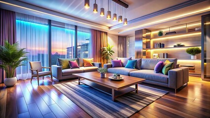 Fototapeta premium Modern Living Room Interior Design, Long Exposure Blurred Motion, 3D Render, Alpha Background