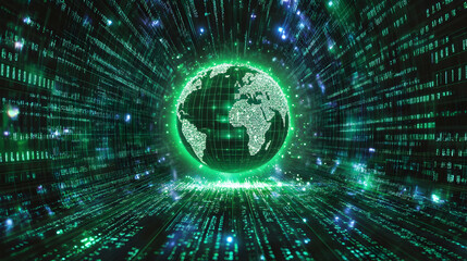 Obraz premium Digital World Globe in Green Matrix Style with Binary Code Effects