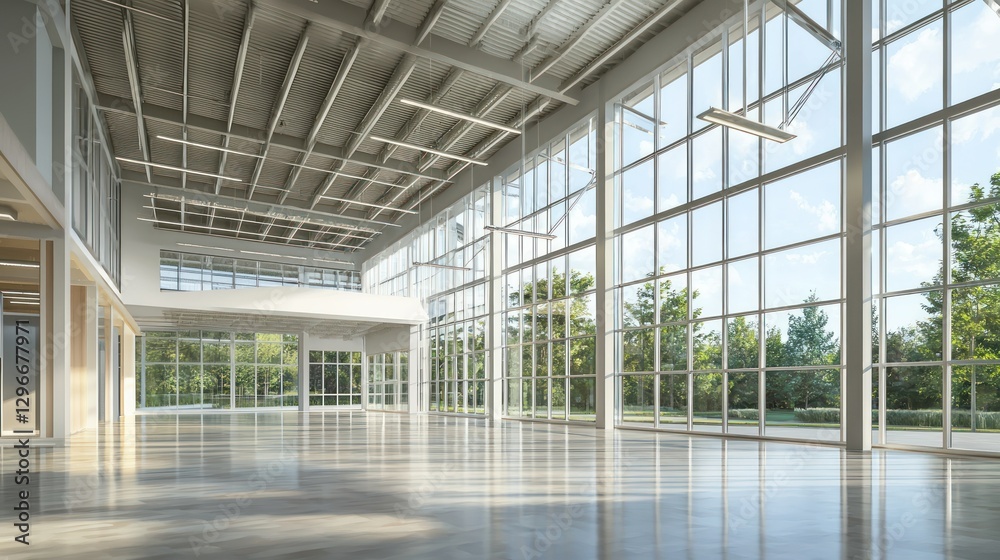 Poster a 3d-rendered open showroom space with large windows and natural lighting.