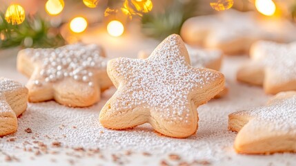 Festive star-shaped cookies on a table with holiday lights food photography cozy atmosphere close-up view