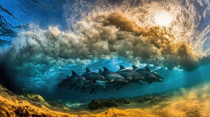 Naklejka premium A group of synchronized dolphins diving through a sunlit wave