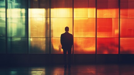Fototapeta premium Man Standing Before Colorful Window Wall Contemplating Future Opportunities
