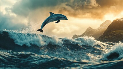 Fototapeta premium A lone dolphin jumping high above a rolling ocean wave