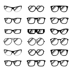 Set of Various Stylish Eyeglass Frame Silhouettes in Black on White Background
