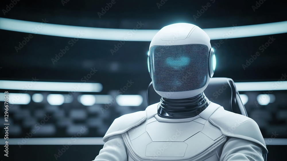 Poster futuristic courtroom scene featuring an ai judge in a high-tech setting with advanced design