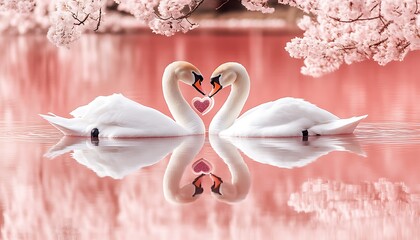 Naklejka premium Swans in Love, Cherry Blossoms, Pink Water