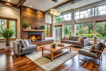 Fototapeta premium Modern Living Room with Wooden Fireplace & Accents - Cozy Interior Design Stock Photo
