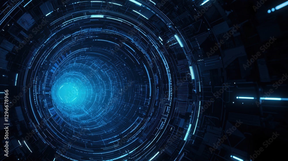 Poster abstract visualization of digital data flow in a futuristic circular tunnel with glowing blue lights