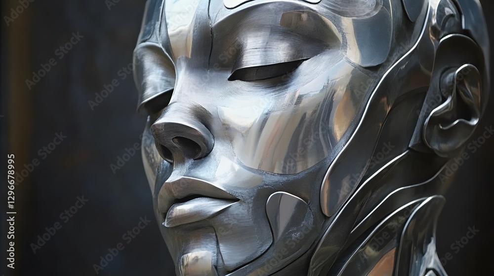 Poster futuristic robotic face sculpture with elegant metallic finish