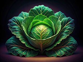 Obraz premium Line Art Cabbage, Low Light Vegetable Illustration, Dark Green Leaf Drawing, Minimalist Food Art, Botanical Sketch