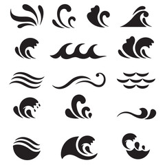 A collection of black wave and water swirl vector icons on a white background. Each design features stylized ocean waves, ripples, and fluid shapes, ideal for logos, branding, and decorative elements.