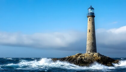 Tall lighthouse stands on rocky island amidst crashing ocean waves