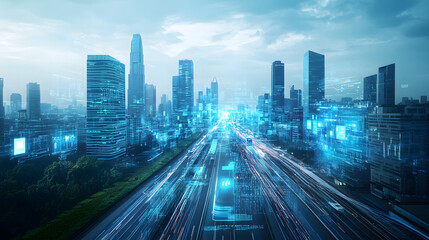 Obraz premium A futuristic cityscape with skyscrapers and buildings adorned in blue technology, with greenery on the roofs of some buildings 