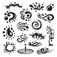 Collection of stylized blue water splash and swirl vector icons featuring abstract waves, droplets, spirals, and fluid shapes. The dynamic, decorative elements are ideal for branding, graphic design.