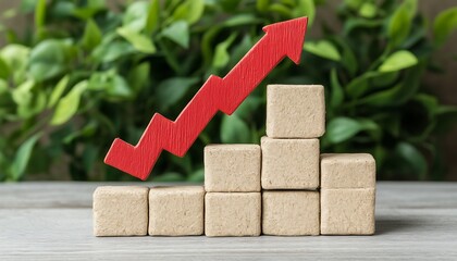 Red arrow climbs wooden blocks, green backdrop