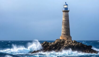 Lighthouse stands on rocky island surrounded by turbulent ocean