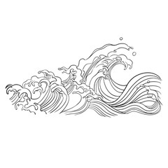 Black wave and water swirl vector on a white background. Design features stylized ocean waves, ripples, and fluid shapes, ideal for  decorative elements.