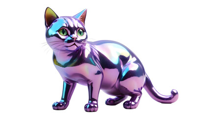 Fototapeta premium holographic iridescent cat sculpture with vibrant reflections 3D on white, transparent background png