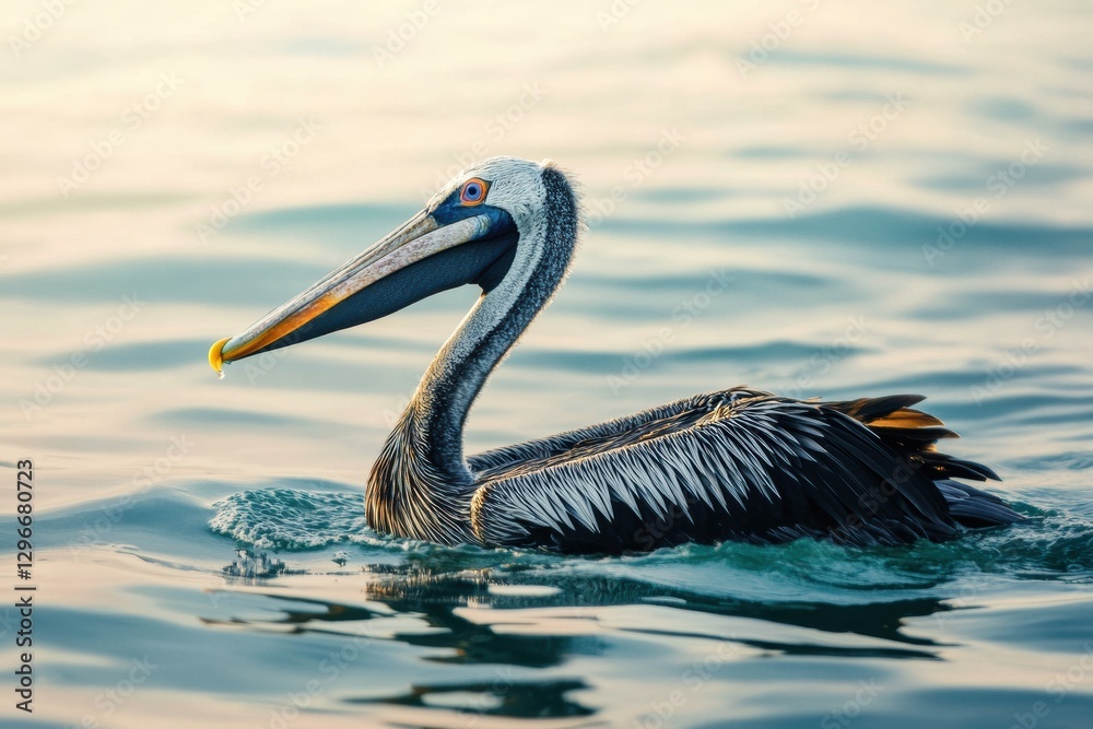 Aufkleber seabird struggling in oil spill on ocean surface beneath shimmering rainbow sheen. generative ai