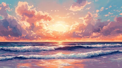 Tranquil pixel Ocean Sunset with Gentle Waves and Pastel Clouds