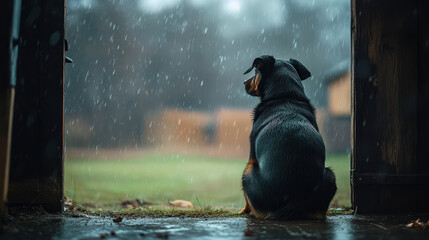 A dog is sitting on the ground in the rain © easybanana