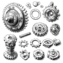 Various steampunk gears and mechanical components with intricate designs, intricate design and industrial aesthetics sketch engraving. Black and white image.
