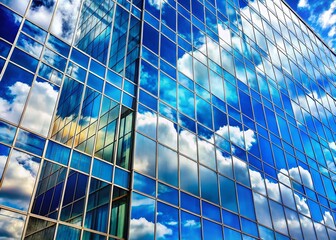 Fototapeta premium Modern Office Building Dirty Windows Reflecting Blue Sky and Clouds - Urban Exploration Photography