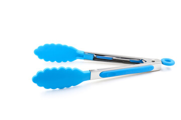 Serving kitchen tongs on white background. Ice tongs. Blue silicone tongs for hot food.